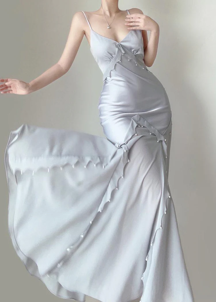 Retro Mermaid Straps Satin Blue Long Prom Dresses Party Dress - View 6 | FashionDia