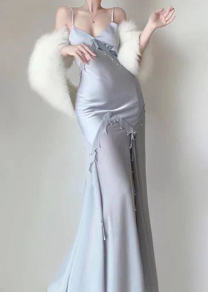 Retro Mermaid Straps Satin Blue Long Prom Dresses Party Dress - View 3 | FashionDia