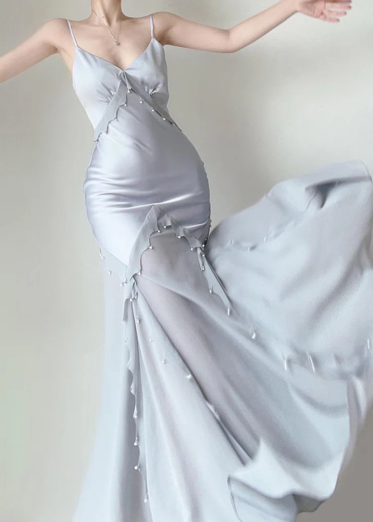 Retro Mermaid Straps Satin Blue Long Prom Dresses Party Dress - View 5 | FashionDia