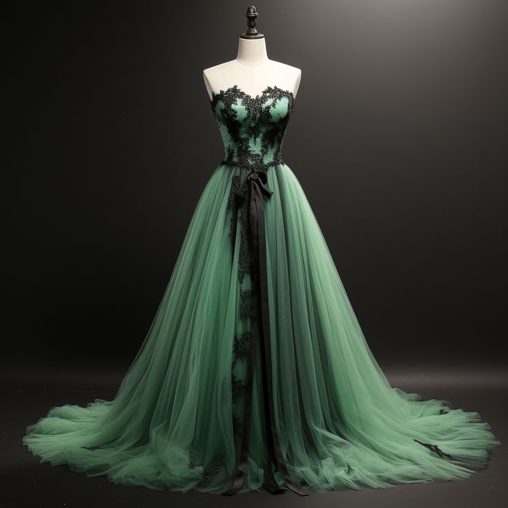 Green Tulle and Black Lace Edge Applique Full Length Lace Up Back Evening Dress Birthday Prom Dresses - View 2 | FashionDia