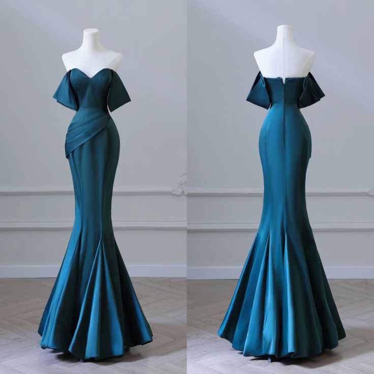 Sexy Mermaid Green Satin Off-the-Shoulder Pleats Prom Dress Prom Dresses - FashionDia