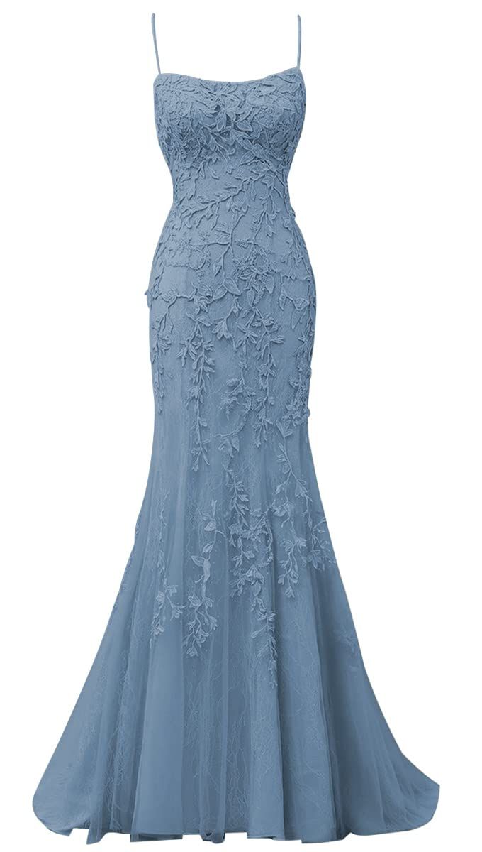 Pretty Mermaid Spaghetti Straps Blue Lace Backless Long Prom Dresses Party Dress