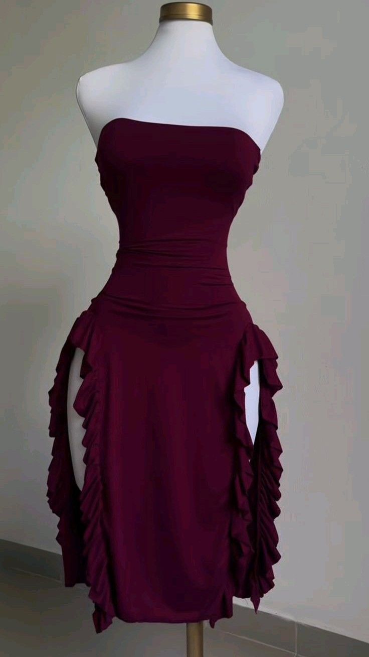 Pretty Sheath Strapless Tea Length Ruffles Prom Dresses