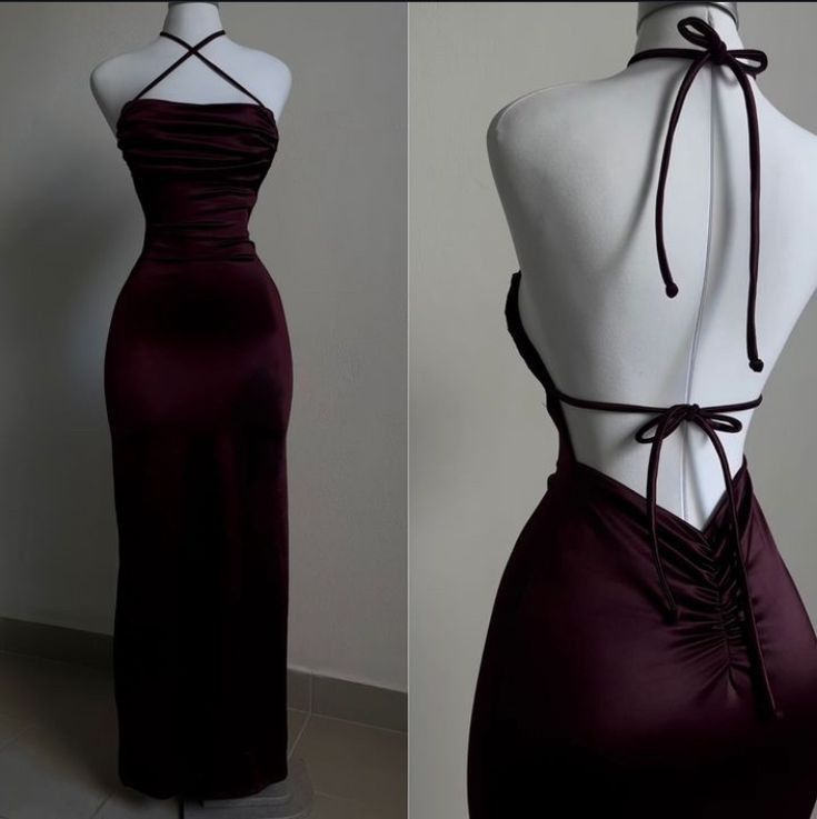 Pretty Sheath Spaghetti Straps Floor-Length Ruffles Backless Burgundy Prom Dresses - View 2 | FashionDia