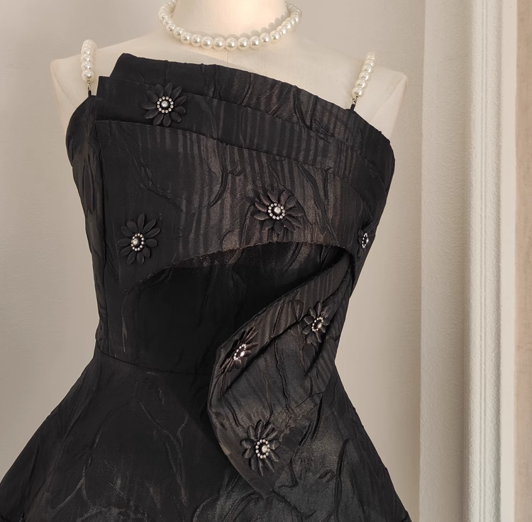 Cute A-Line Spaghetti Straps Black Pearls Women Dress Short Birthday Outfits - View 3 | FashionDia