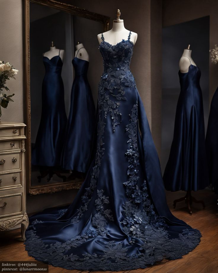 Vintage Mermaid Spaghetti Straps Navy Blue Satin Long Prom Dresses Party Dress - FashionDia