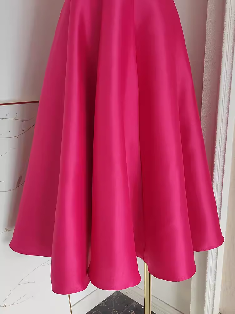 Cute A-Line Square Neckline Hot Pink Vacation Dress Satin Women Dresses - View 4 | FashionDia