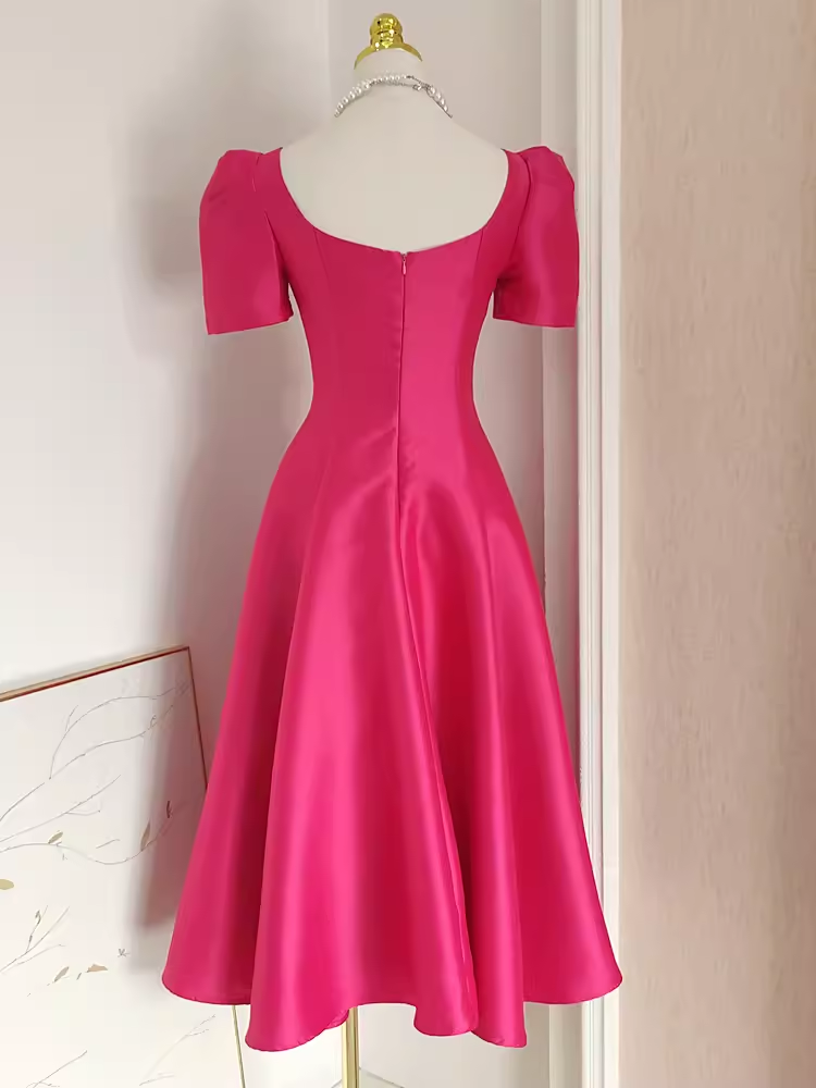 Cute A-Line Square Neckline Hot Pink Vacation Dress Satin Women Dresses - View 2 | FashionDia