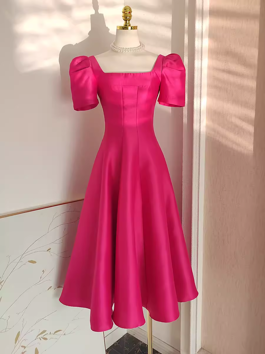 Cute A-Line Square Neckline Hot Pink Vacation Dress Satin Women Dresses - FashionDia
