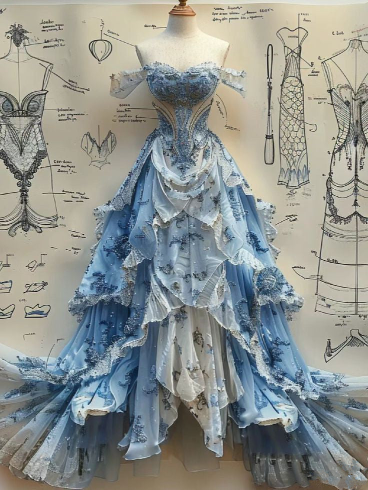 Vintage Ball Gown Strapless Off-the-Shoulder Blue Lace Prom Dresses Party Dress - FashionDia