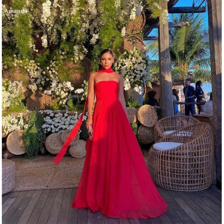 Pretty A Line Strapless Red Chiffon Long Prom Dresses Formal Evening Dress