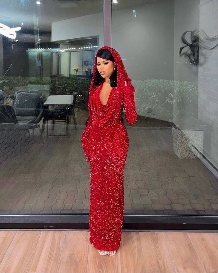 Pretty Sheath V Neckline Red Sequin Long Prom Dresses Formal Evening Dress