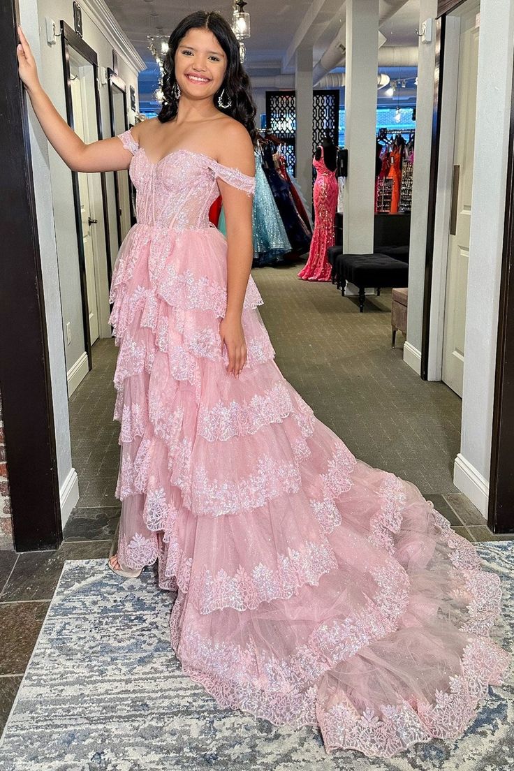 Pretty A-Line Off The Shoulder Pink Lace Slit Long Prom Dresses Formal Evening Dress