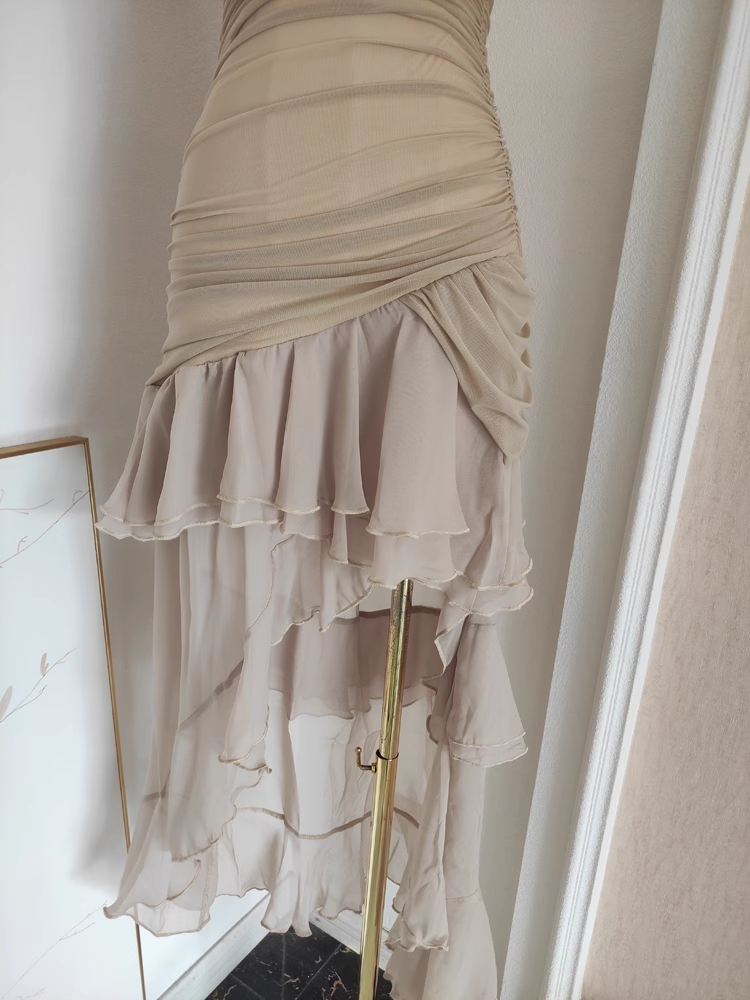 Sexy High Low Strapless Champagne Chiffon Ruffles Vacation Dress Women Dresses