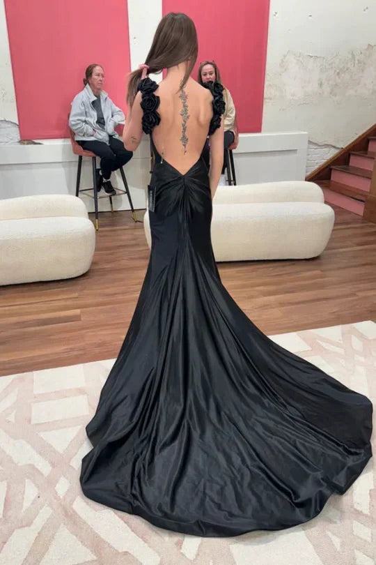 Sexy Mermaid Straps Neckline Pink Satin Backless Evening Gown Prom Dresses - View 5 | FashionDia