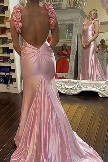 Sexy Mermaid Straps Neckline Pink Satin Backless Evening Gown Prom Dresses - View 2 | FashionDia