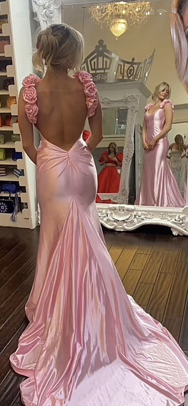 Sexy Mermaid Straps Neckline Pink Satin Backless Evening Gown Prom Dresses - FashionDia