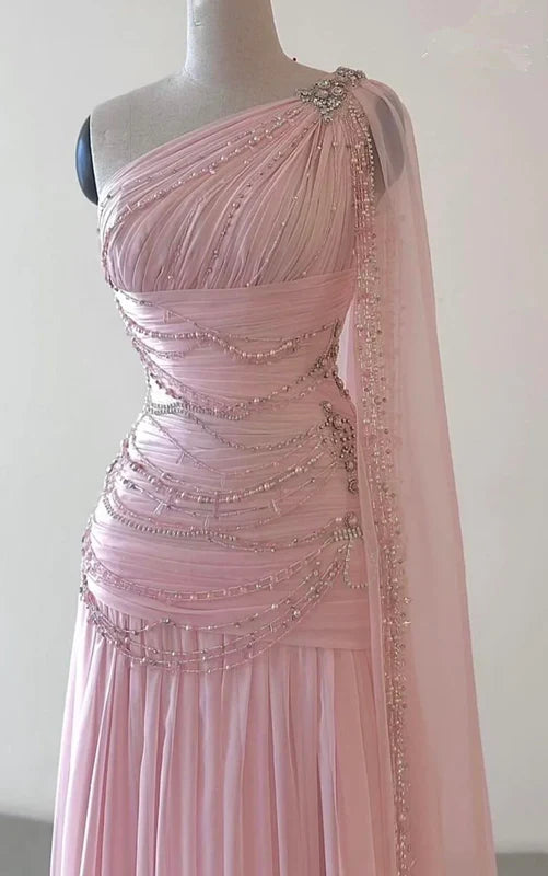 Vintage One-Shoulder Pink Beaded A-Line Chiffon Evening Dress Elegant Prom Dress - View 4 | FashionDia