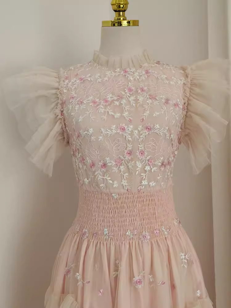 Cute A-Line High Neck Floral Lace Vacation Dress Tulle Long Women Dresses - View 3 | FashionDia