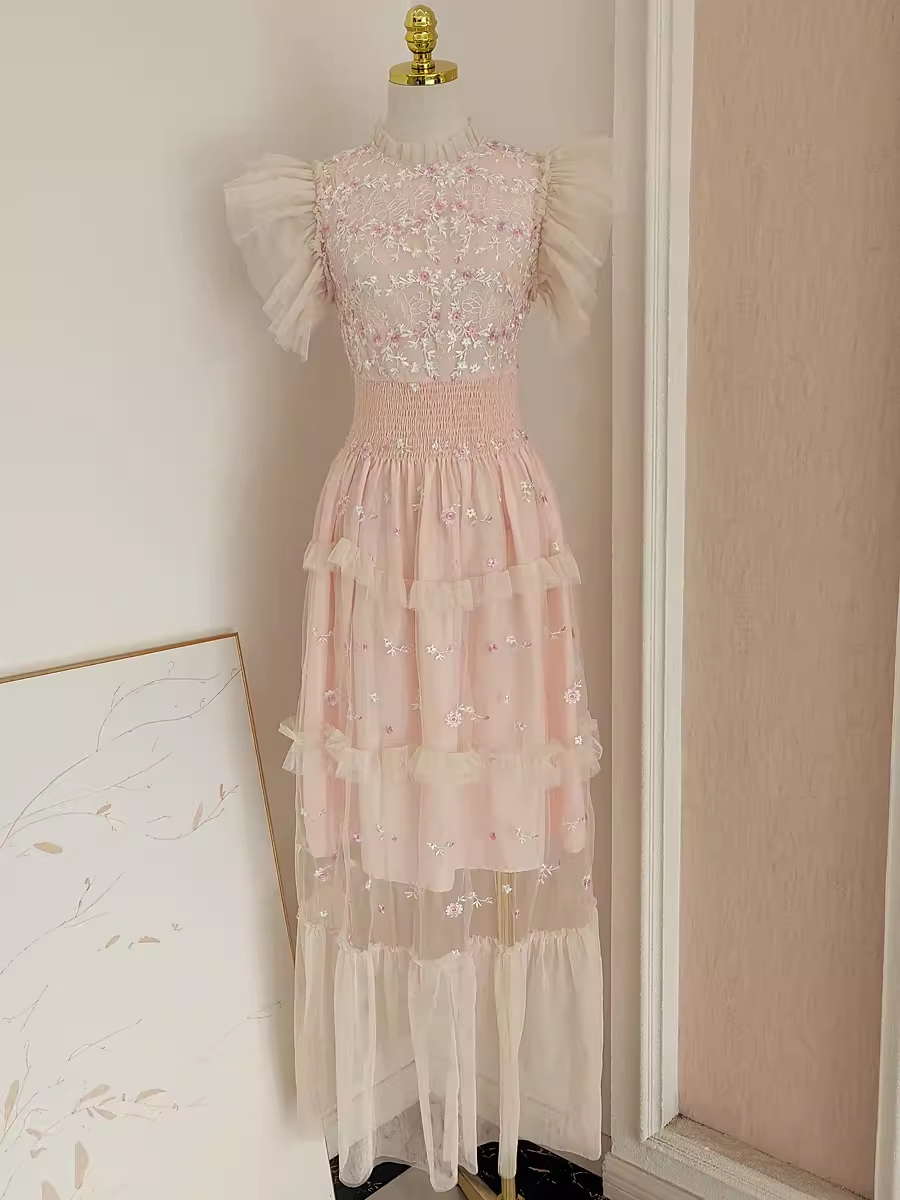 Cute A-Line High Neck Floral Lace Vacation Dress Tulle Long Women Dresses - FashionDia
