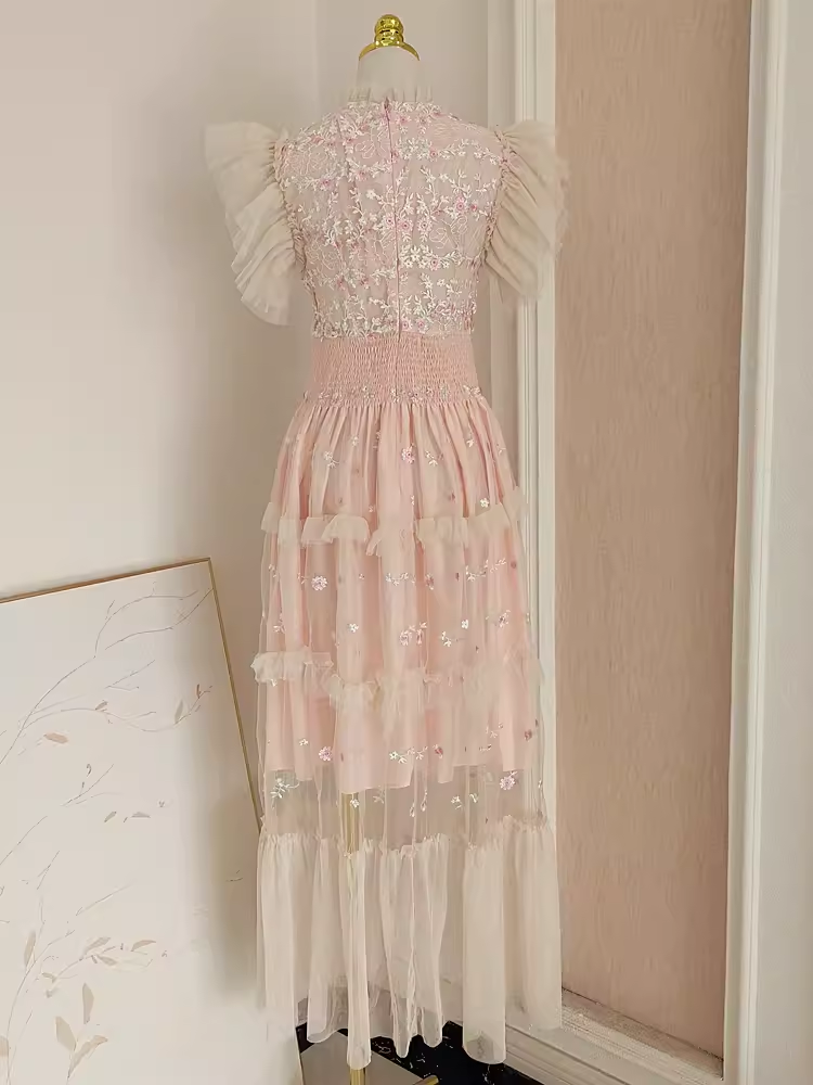 Cute A-Line High Neck Floral Lace Vacation Dress Tulle Long Women Dresses - View 2 | FashionDia