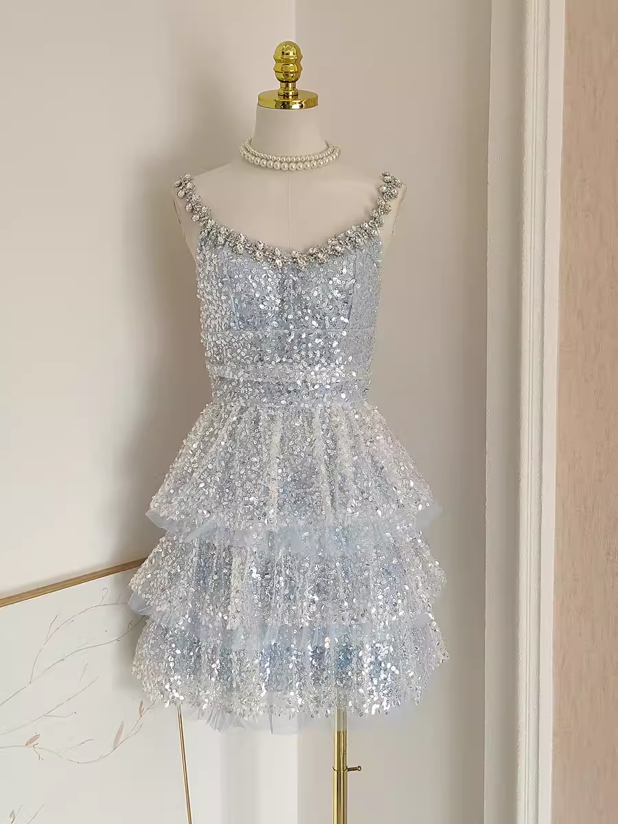 Sexy A-Line Straps Sequin Travel Vacation Dress Short Birthday Dress - FashionDia