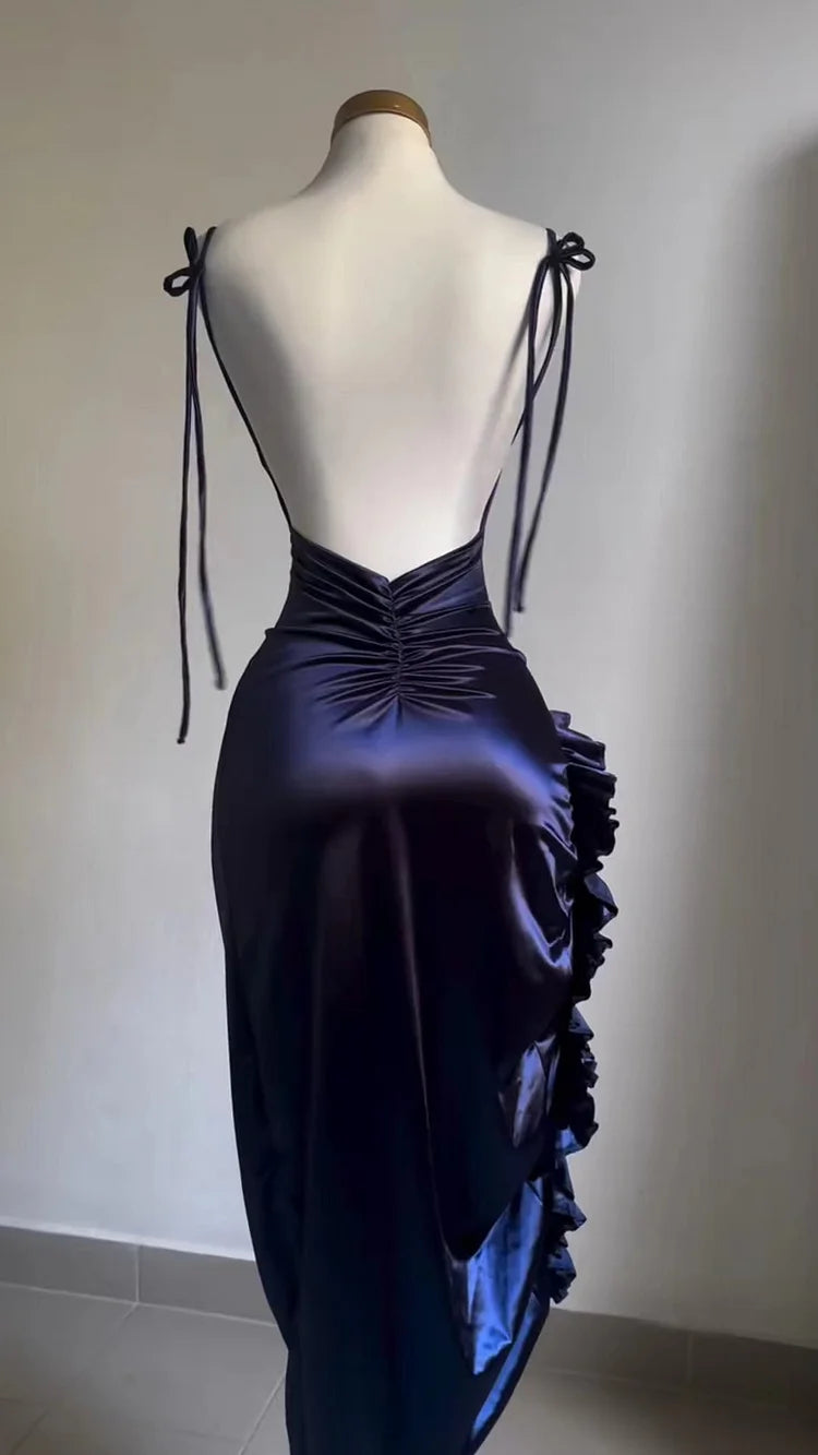 Classy Sheath Halter Satin Navy Blue Sleeveless High Low Prom Dresses