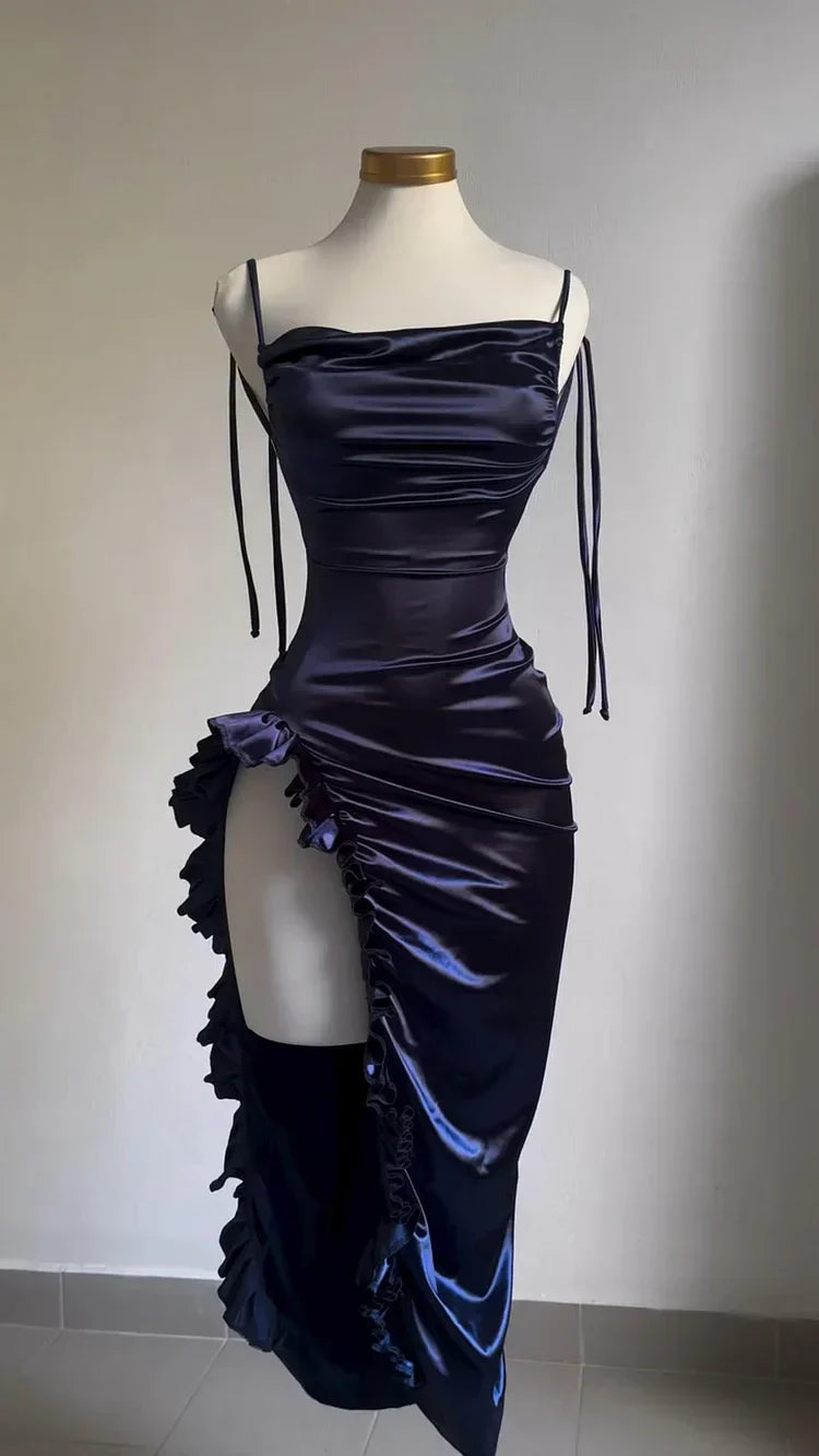 Classy Sheath Halter Satin Navy Blue Sleeveless High Low Prom Dresses
