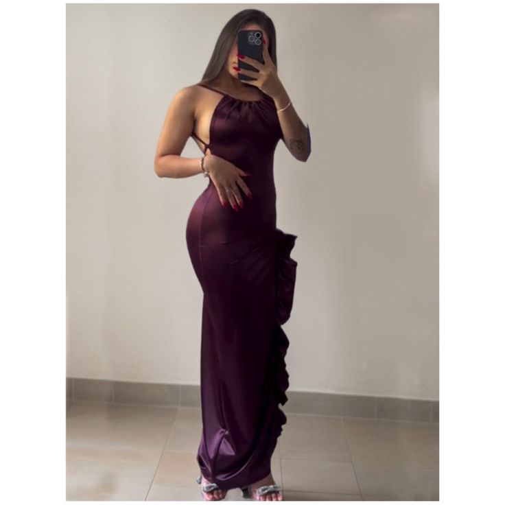 Classy Sheath Halter Satin Burgundy Sleeveless High-Low Prom Dresses - View 4 | FashionDia