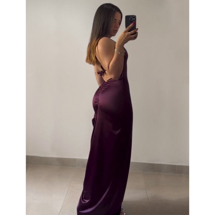 Classy Sheath Halter Satin Burgundy Sleeveless High-Low Prom Dresses - View 5 | FashionDia