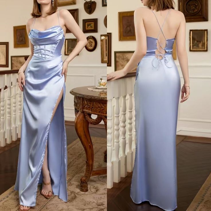 Classy A-Line Halter Blue Sleeveless Long Party Dress Prom Dresses - FashionDia