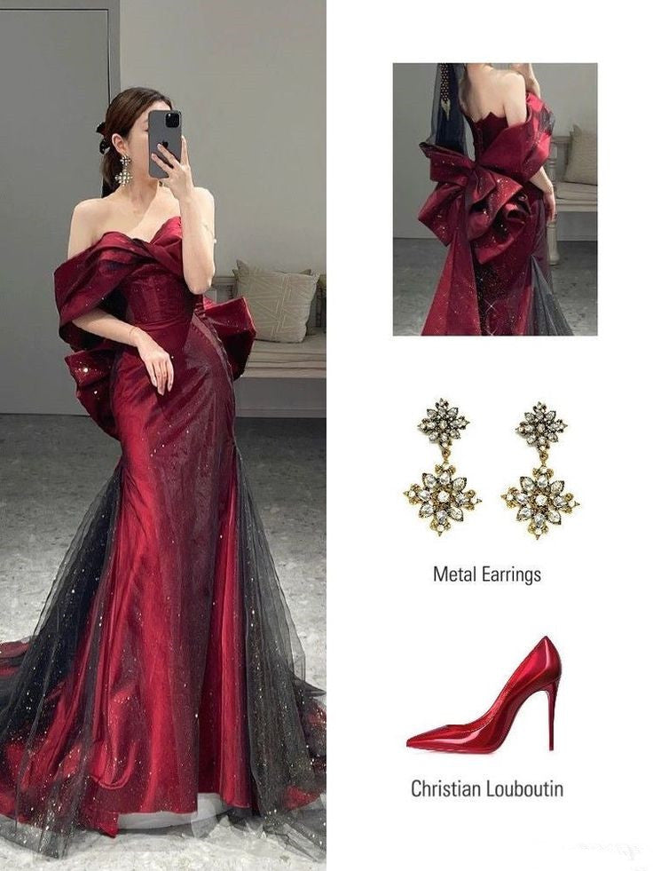 Classy Mermaid Off The Shoulder Burgundy Long Party Dress Sequin Prom Dresses