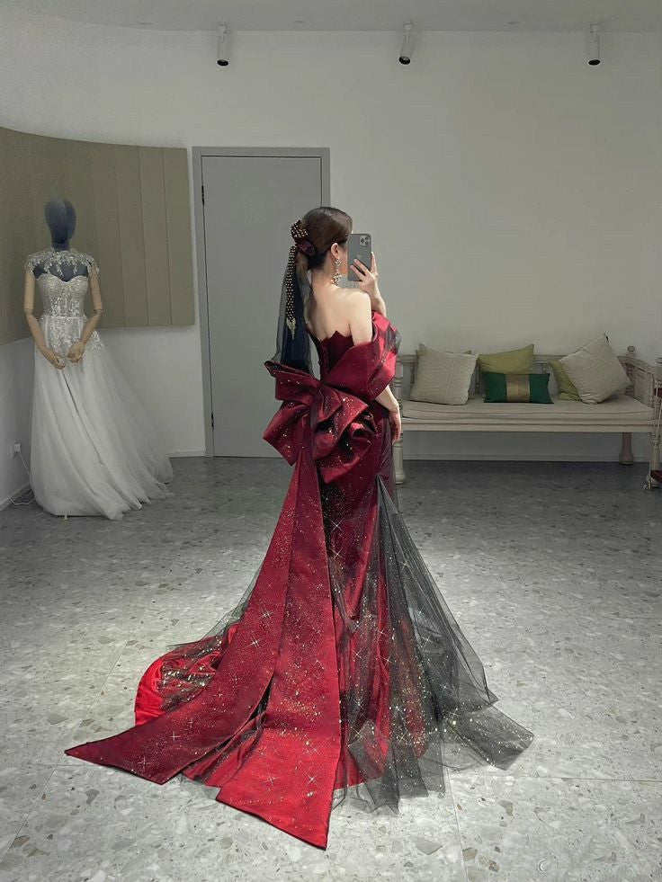 Classy Mermaid Off The Shoulder Burgundy Long Party Dress Sequin Prom Dresses