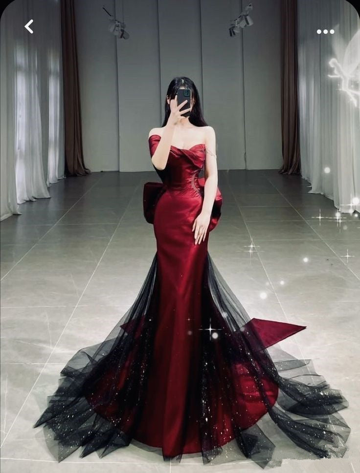 Classy Mermaid Off-the-Shoulder Burgundy Long Party Dress Satin Prom Dresses - FashionDia