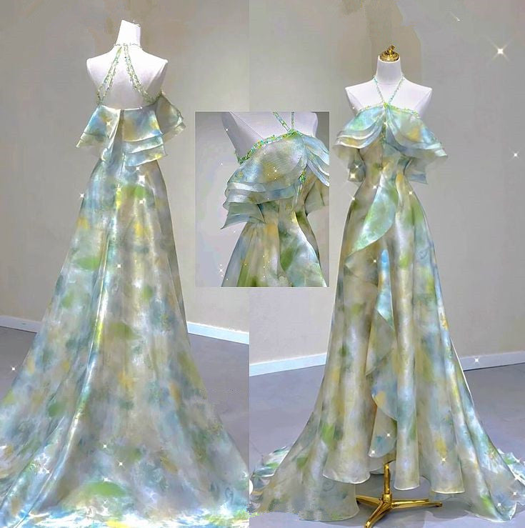 Classy A-Line Off-the-Shoulder Halter Green Floral Long Party Dress Prom Dresses - FashionDia