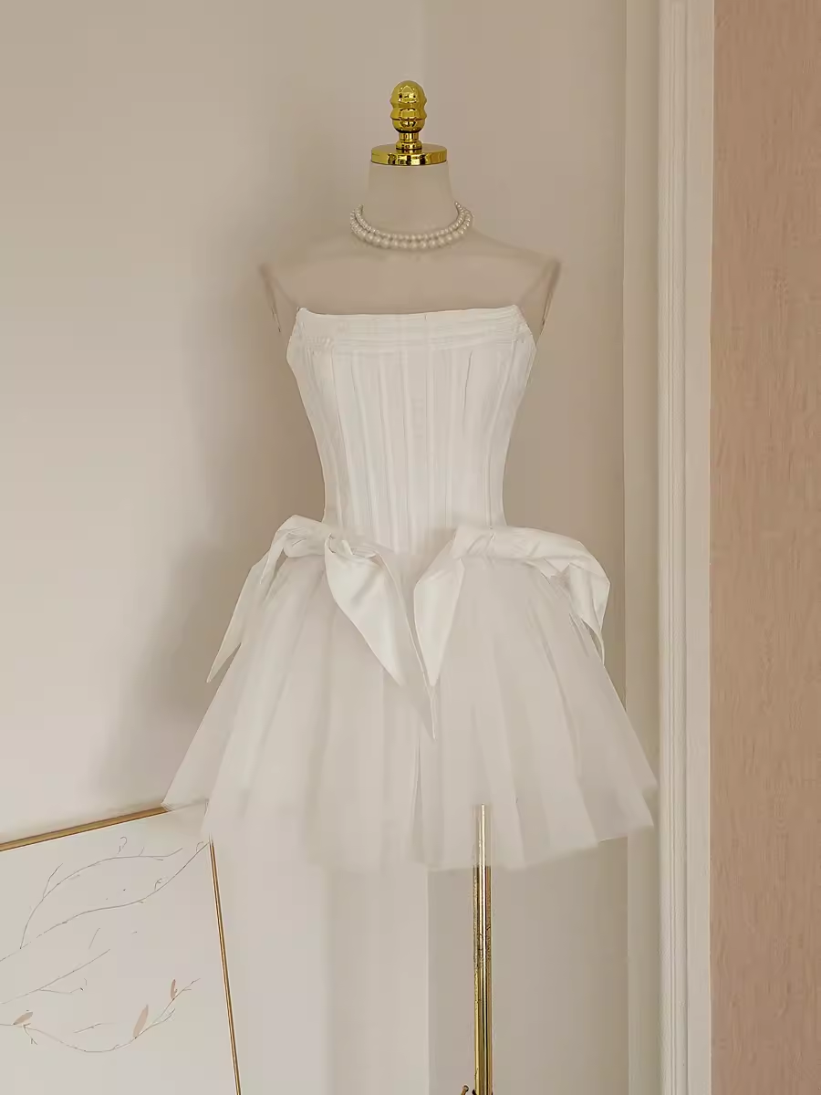 Cute A-Line Strapless White Travel Vacation Dresses Short Satin Birthday Dress - FashionDia