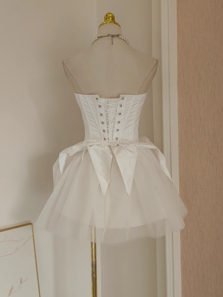 Cute A-Line Strapless White Travel Vacation Dresses Short Satin Birthday Dress - View 2 | FashionDia