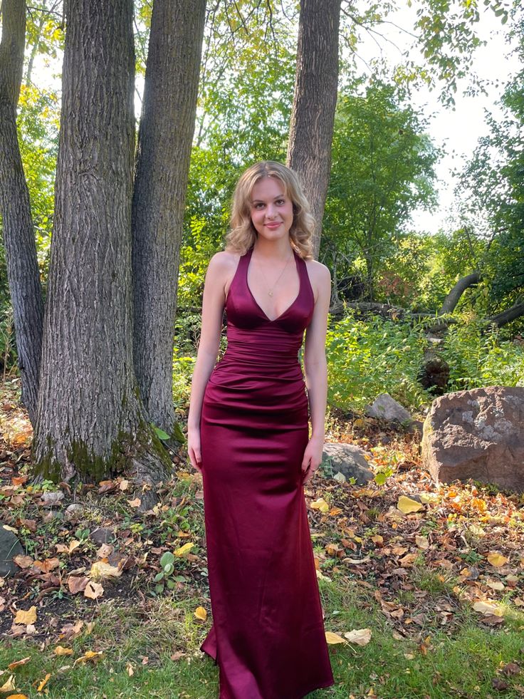 Sexy Sheath Halter V Neckline Burgundy Satin Slit Party Dress Long Prom Dresses - View 2 | FashionDia