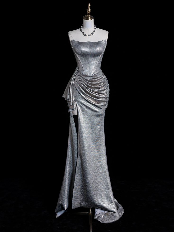 Sexy Mermaid Strapless Sequin Night Party Dress Slit Long Prom Dresses - FashionDia