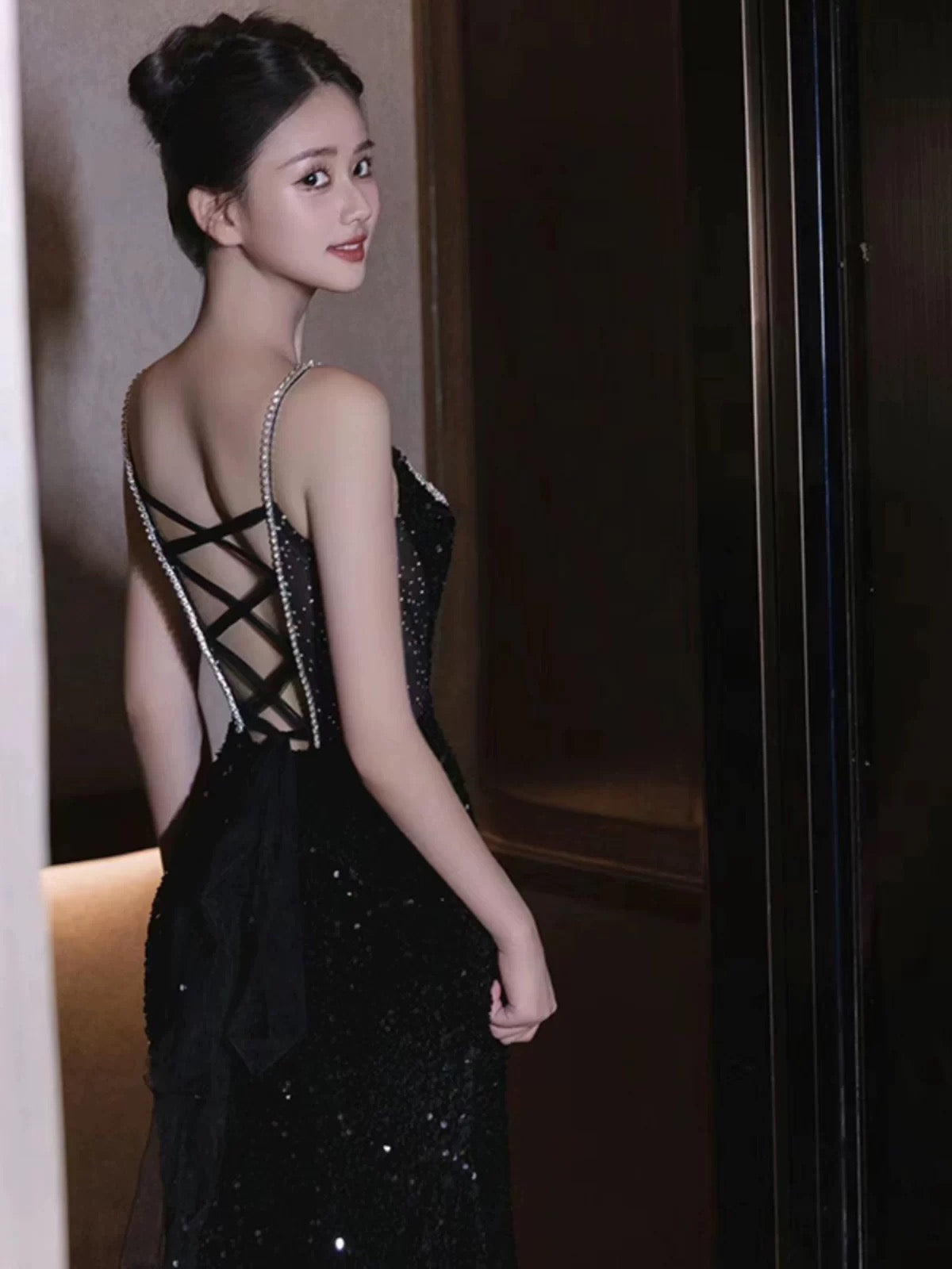 Sexy Mermaid Spaghetti Straps Sequin Black Long Prom Dresses