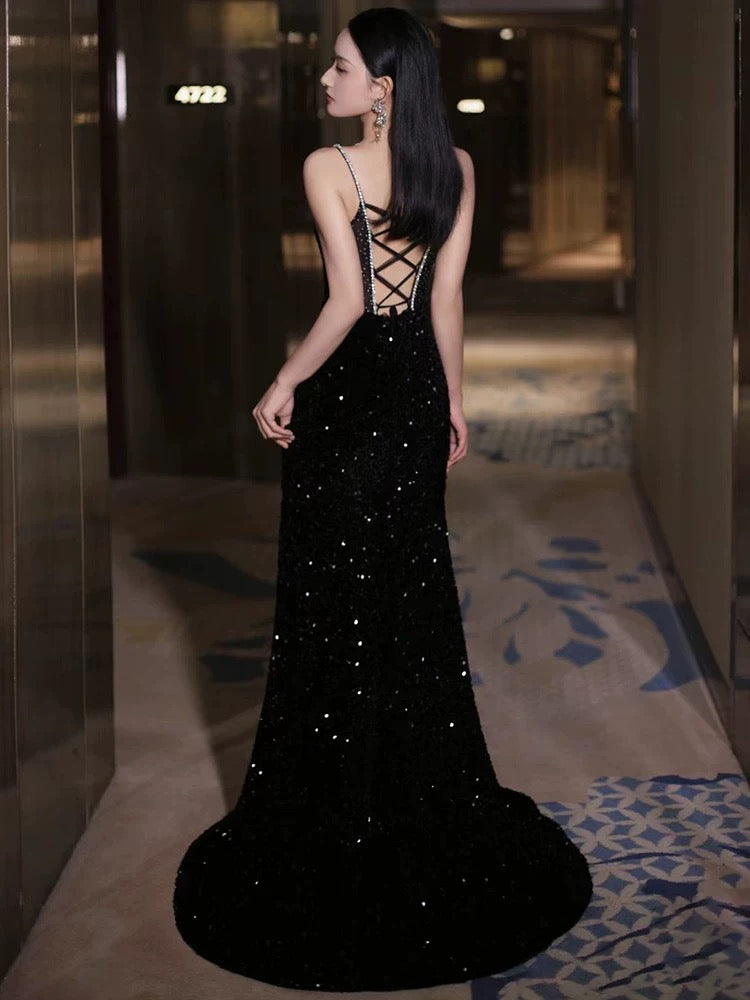 Sexy Mermaid Spaghetti Straps Sequin Black Long Prom Dresses