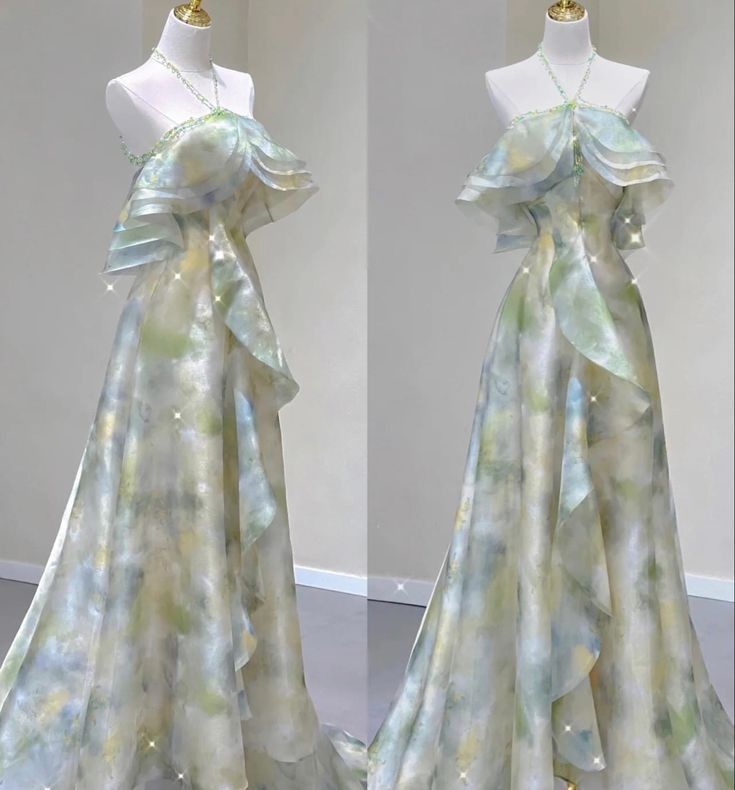Classy A-Line Off-the-Shoulder Halter Green Floral Beads Long Party Dress Prom Dresses - FashionDia