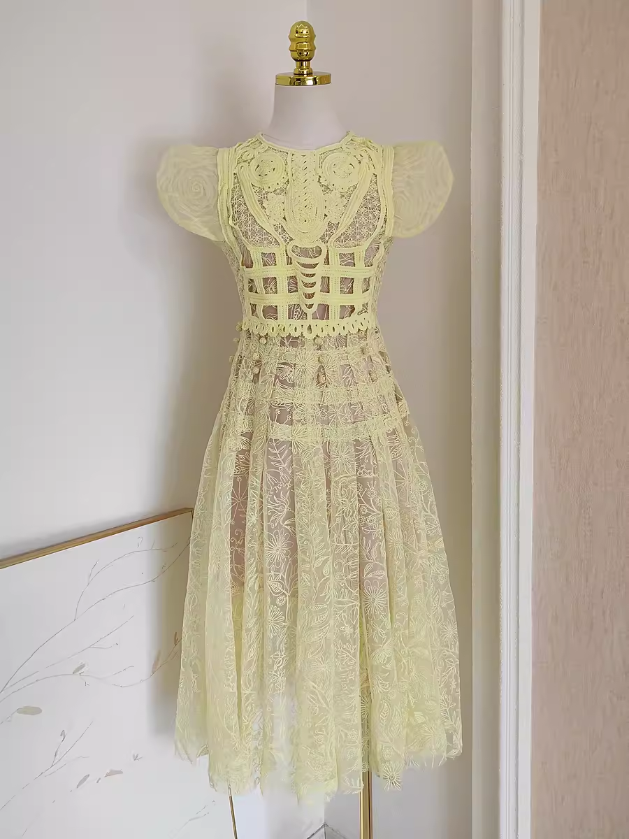 Cute A-Line Scoop Yellow Short Sleeves Lace Vacation Dress Women Dresses - FashionDia