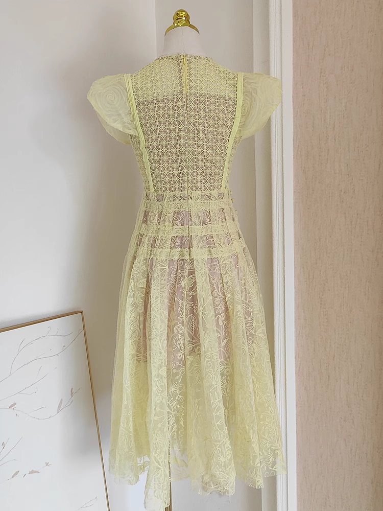 Cute A-Line Scoop Yellow Short Sleeves Lace Vacation Dress Women Dresses - View 2 | FashionDia