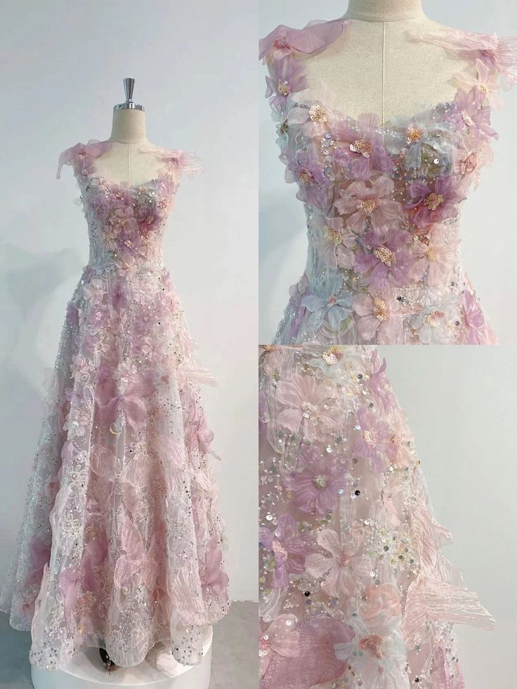 A-Line 3D Floral lace skirt tulle bodice Floor-Length prom dresses - FashionDia