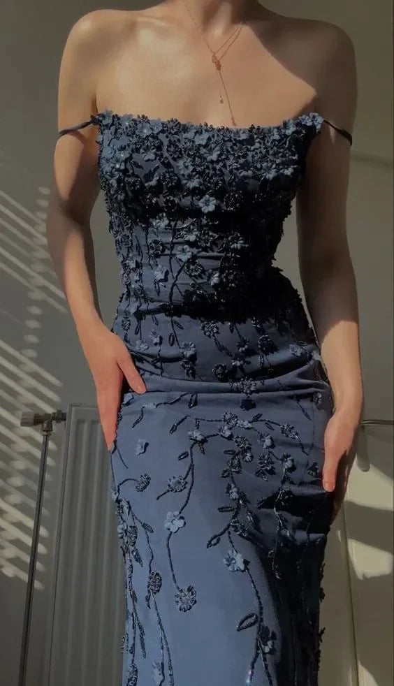 Sexy Mermaid Spaghetti Straps Satin Navy Blue Floral Long Evening & Prom Dress - FashionDia