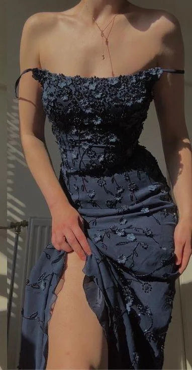 Sexy Mermaid Spaghetti Straps Satin Navy Blue Floral Long Evening & Prom Dress - View 2 | FashionDia