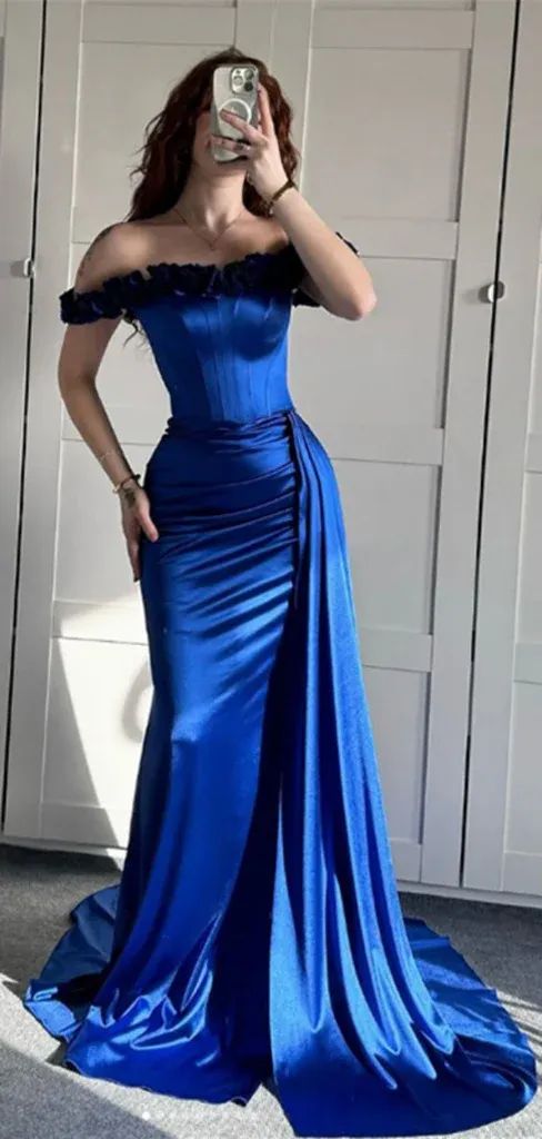 Sexy Off-shoulder Sleeveless Mermaid Satin Evening Prom Dresses - FashionDia