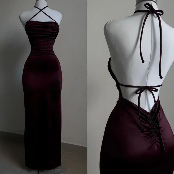 Sexy Mermaid Halter Floor Length Burgundy Backless Evening Dress Prom Dresses