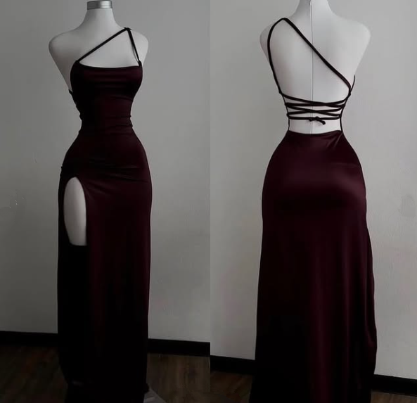 Sexy Mermaid One-Shoulder Floor-Length Burgundy Backless Evening & Prom Dress - FashionDia
